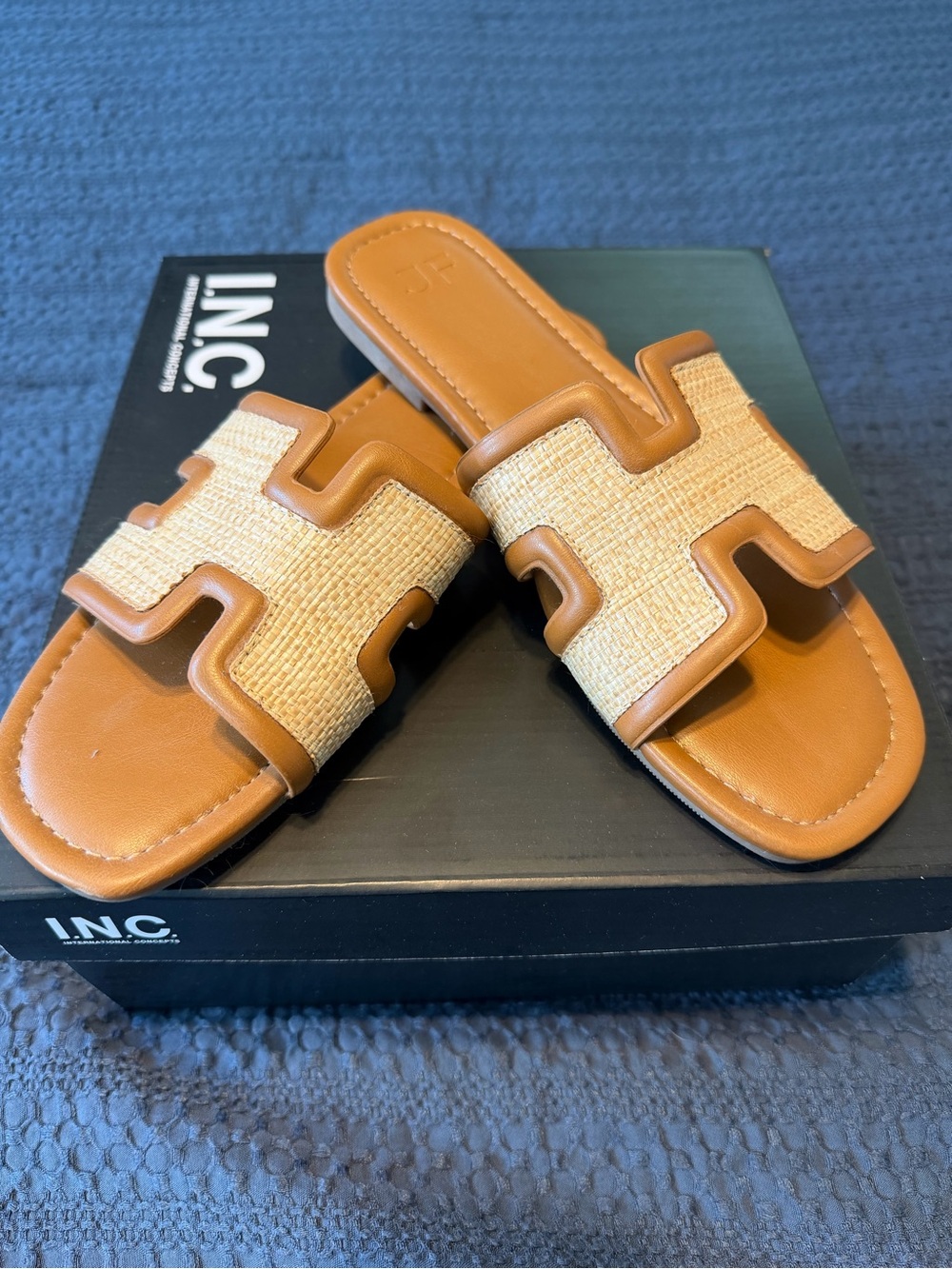 JustFab Tan and Natural Raffia Slide Sandals